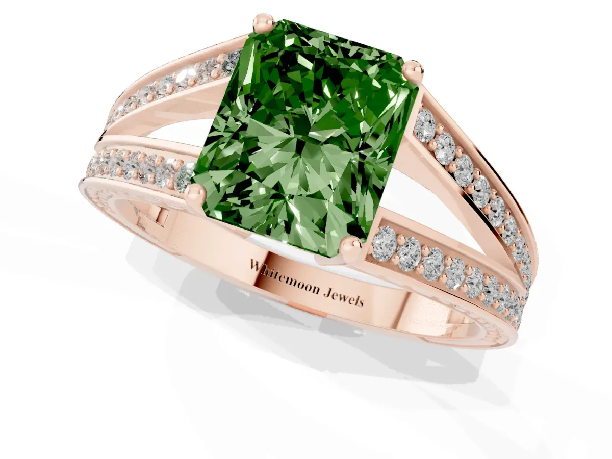Fancy Green Radiant Cut Diamond Split Shank Ring with Pavé Band and Four-Prong Setting Rose gold