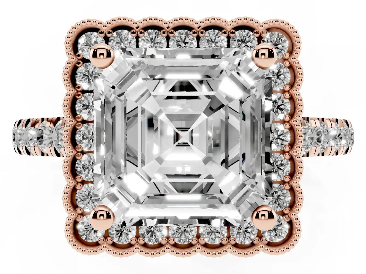 Asscher Cut Cut Diamond Milgrain Floral Halo Engagement Ring with Pavé Band Rose gold