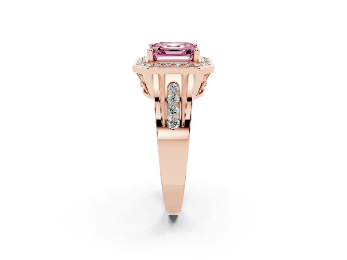 Fancy Pink Asscher Cut Diamond Halo Ring with Split Shank and Bezel Accents and Prong Setting Rose gold