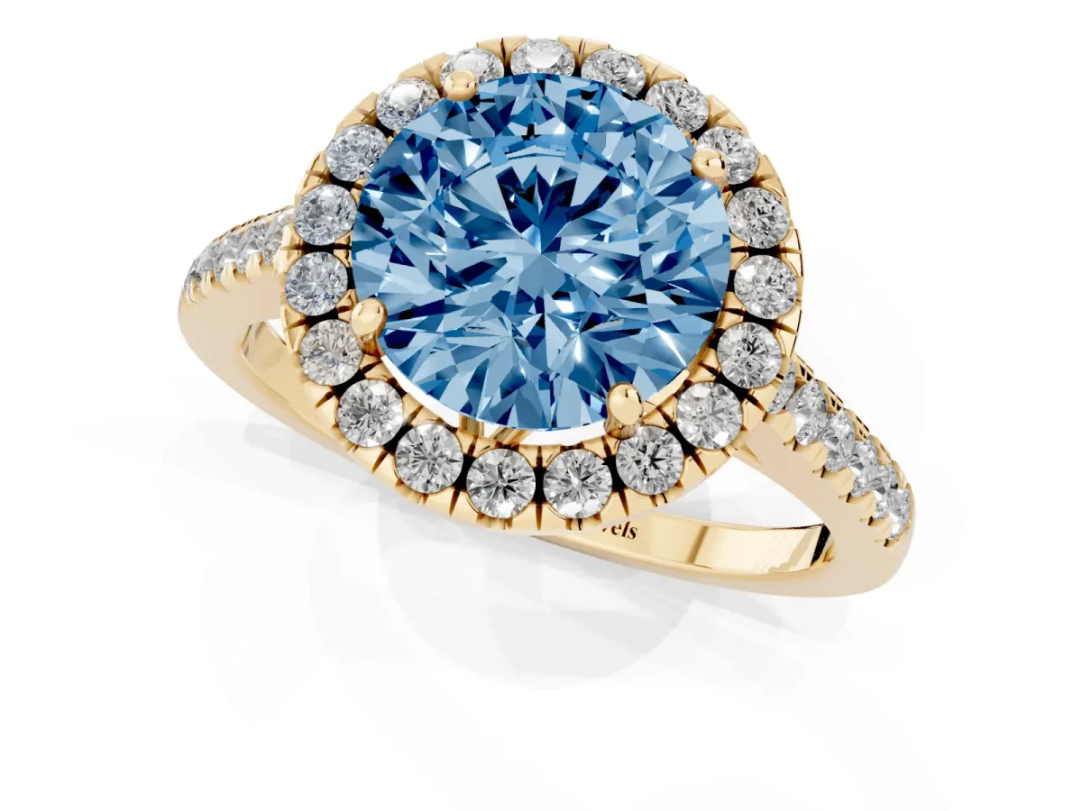 Fancy Blue Round Cut Halo Pavé Diamond Engagement Ring with Four-Prong Setting Yellow gold