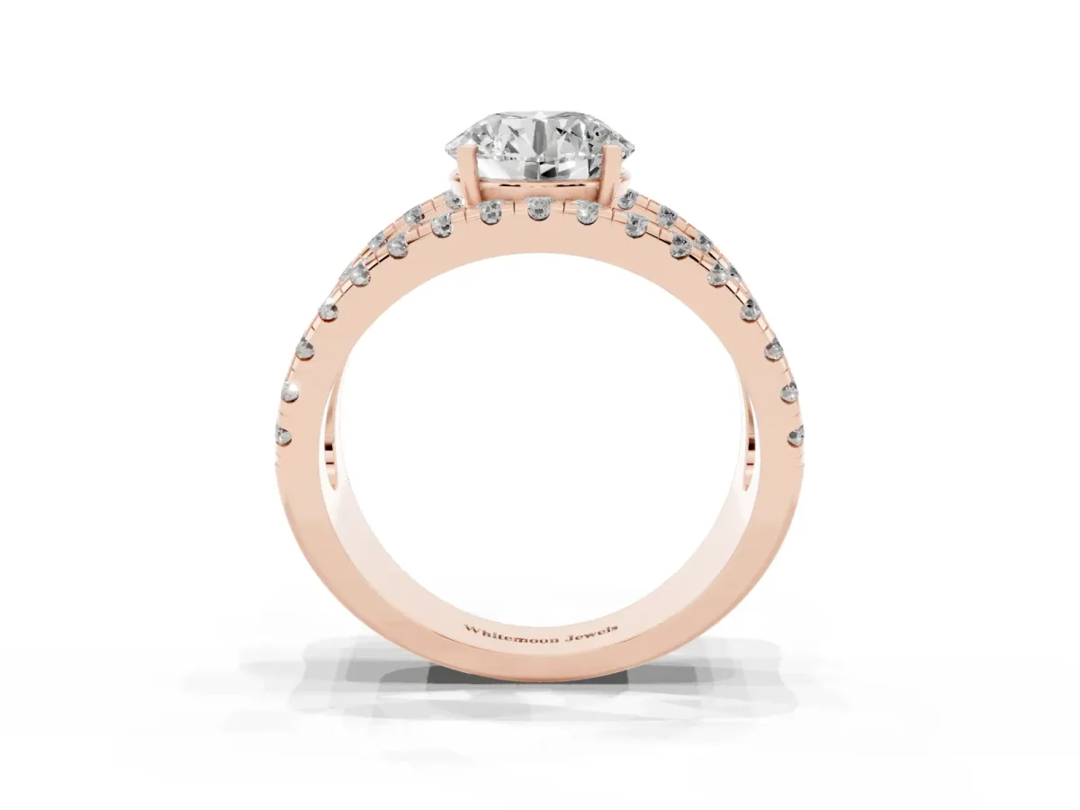 Round Cut Solitaire Split Shank Pave Diamond Ring Rose gold