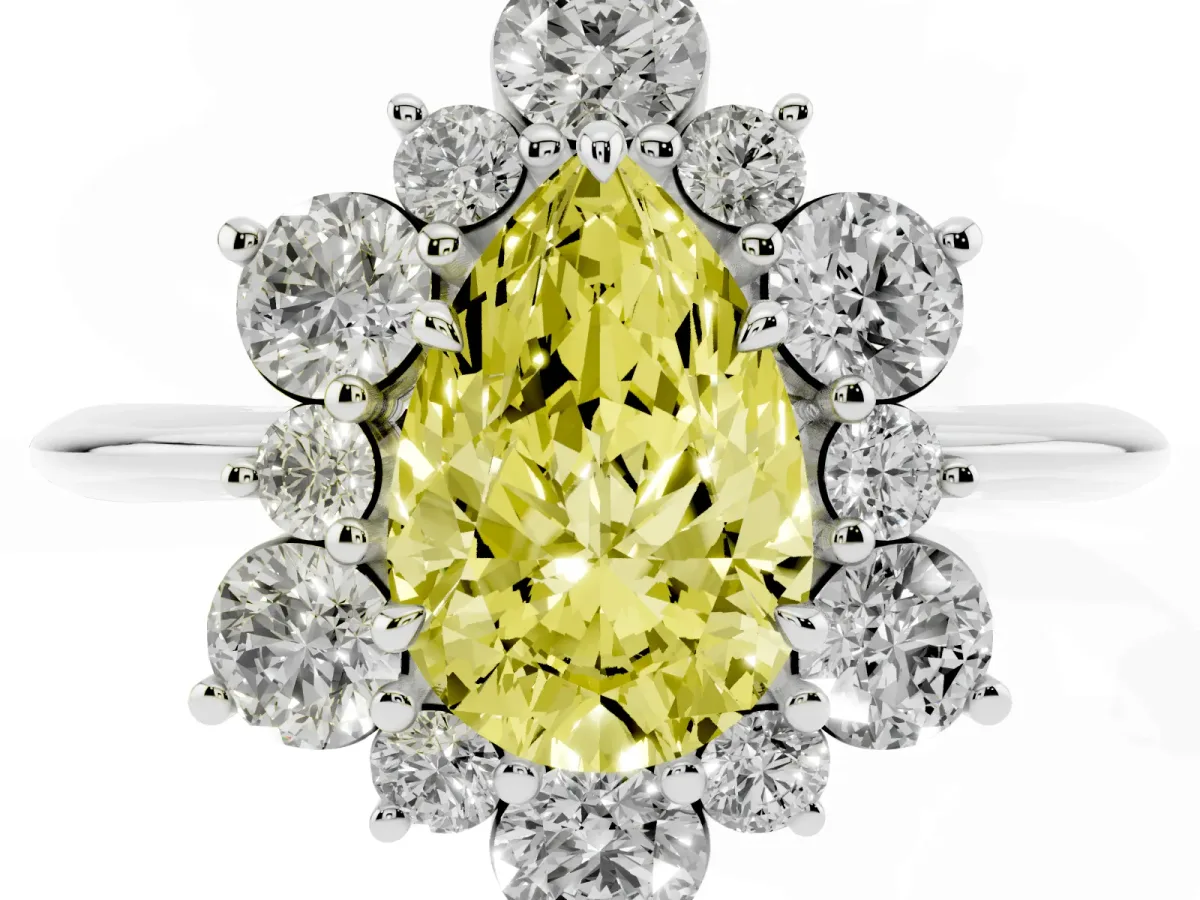 Fancy Yellow Pear Cut Diamond Cluster Halo Ring with Solitaire Band and Four-Prong Setting Silver