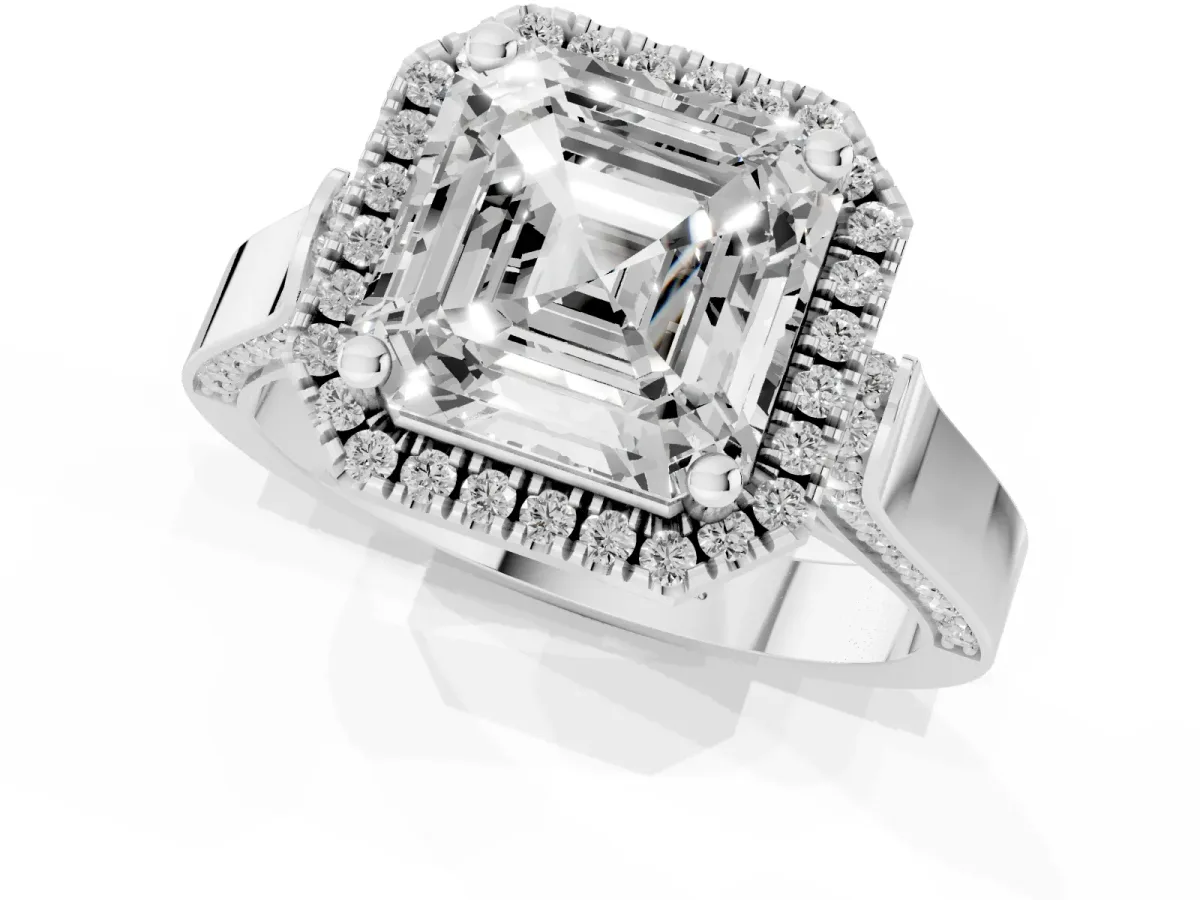 Asscher Cut Halo Pave Split Shank Prong Setting Ring Silver