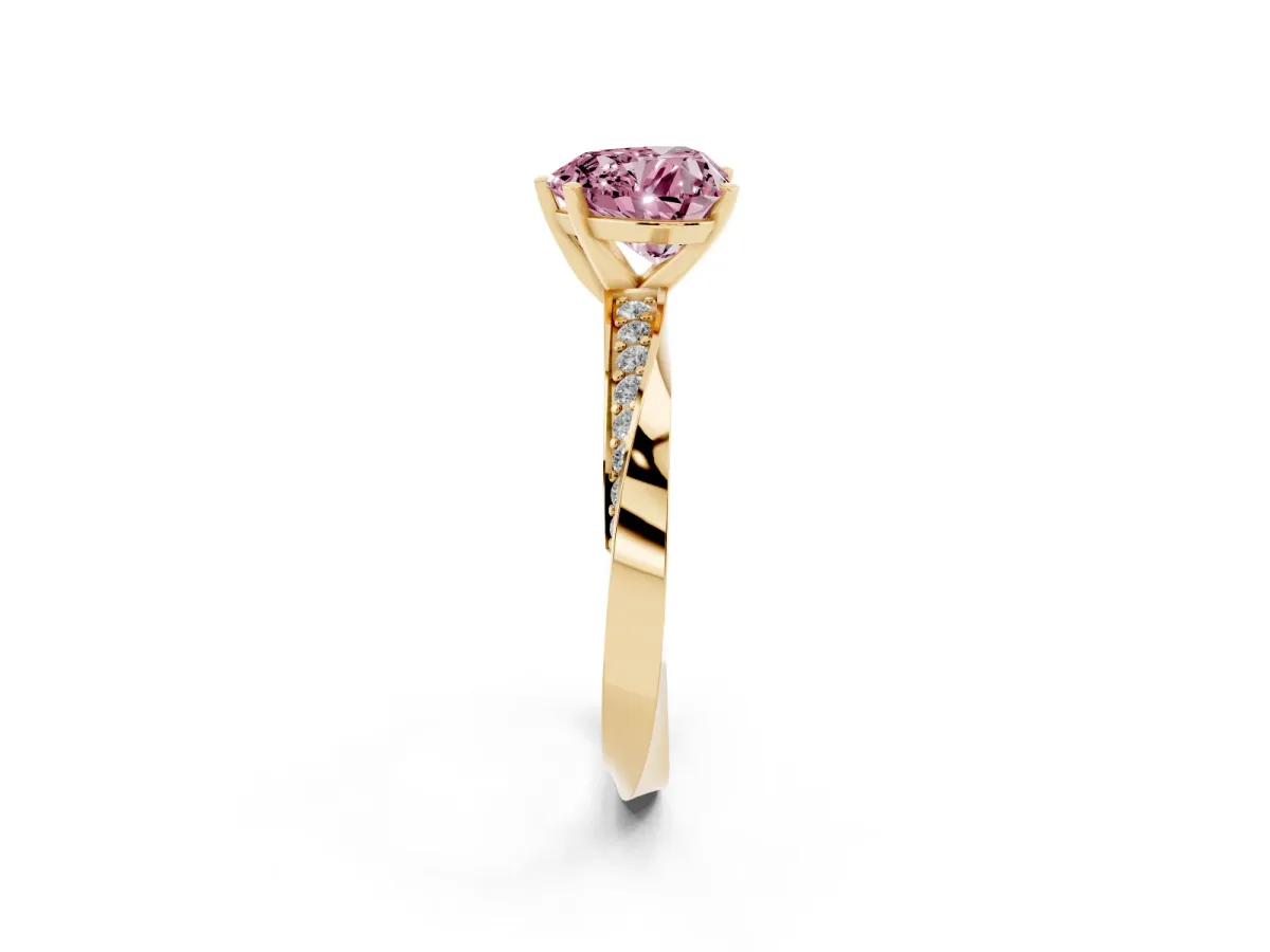 Fancy Pink Heart Cut Diamond Engagement Ring with Side Stone Accents and Four-Prong Setting Yellow gold