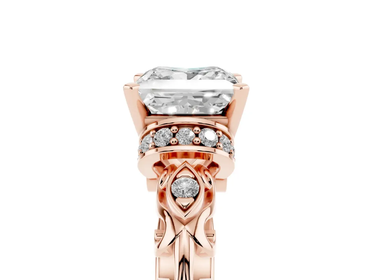 Princess Cut Diamond Solitaire Ring with Filigree Band and Four-Prong Setting Rose gold