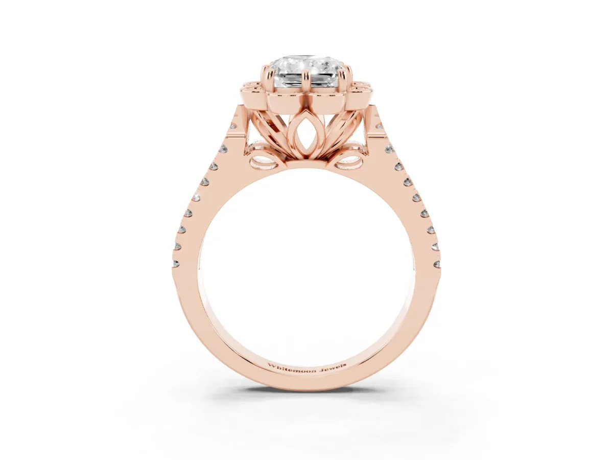 Radiant Cut Halo Diamond Floral Split Shank Engagement Ring Rose gold