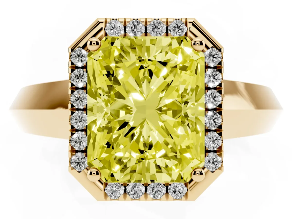 Fancy Yellow Radiant Cut Halo Diamond Ring with Cathedral Band and Four-Prong Setting Yellow gold