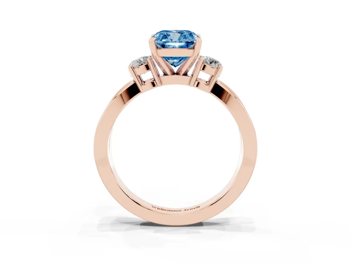 Fancy Blue Three-Stone Cushion Cut Cut Diamond Twist Band with Prong Setting Rose gold