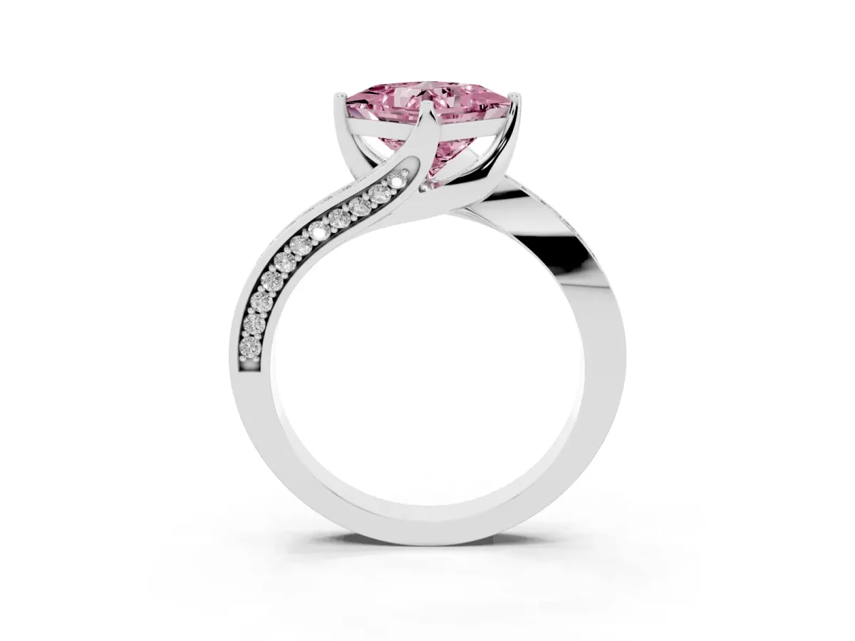 Fancy Pink Princess Cut Solitaire Diamond Twist Band with Pavé Setting and Four-Prong Setting Silver