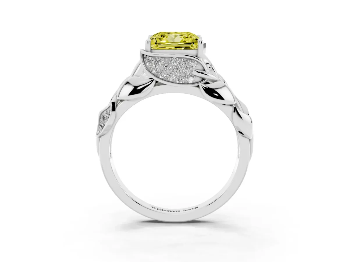 Fancy Yellow Princess Cut Diamond Leaf-Inspired Engagement Ring with Round Accents and Prong Setting White gold