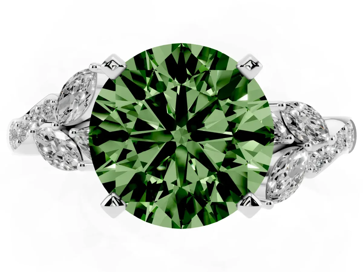 Fancy Green Round Cut Solitaire Marquise Twist Band with Six-Prong Setting Silver