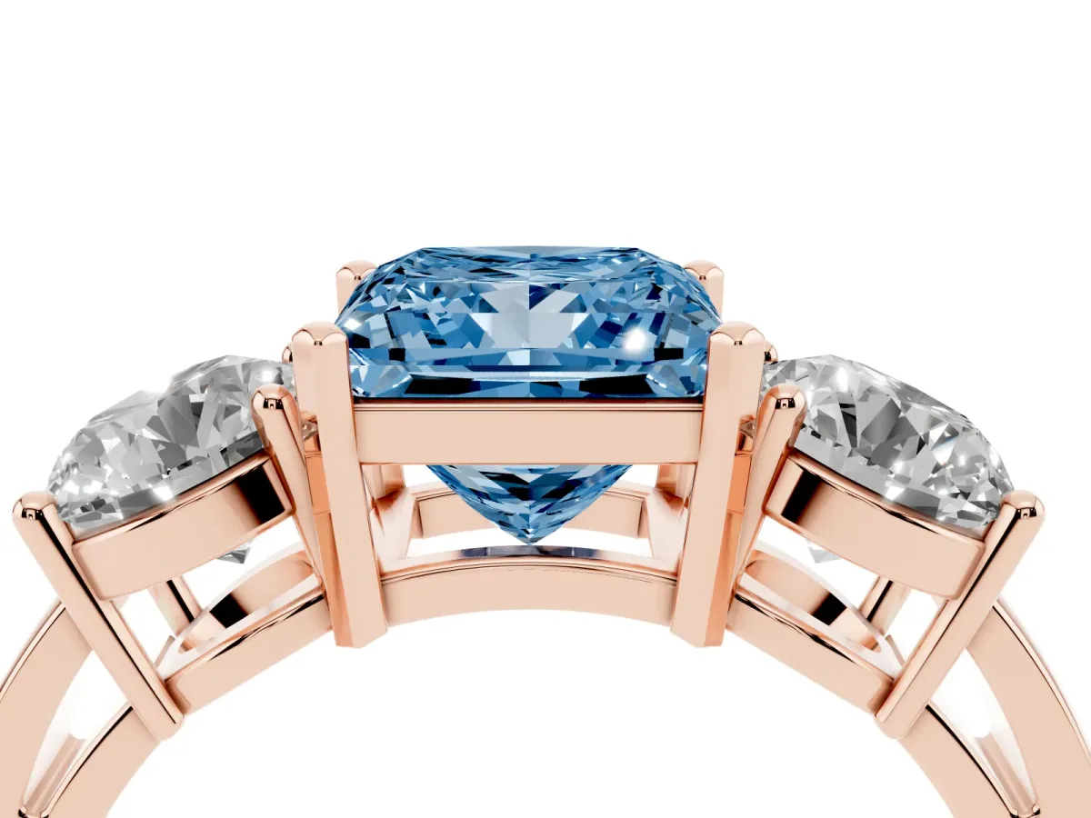 Fancy Blue Three-Stone Princess Cut Diamond Ring with Round Side Stones, Classic Band, and Four-Prong Setting Rose gold