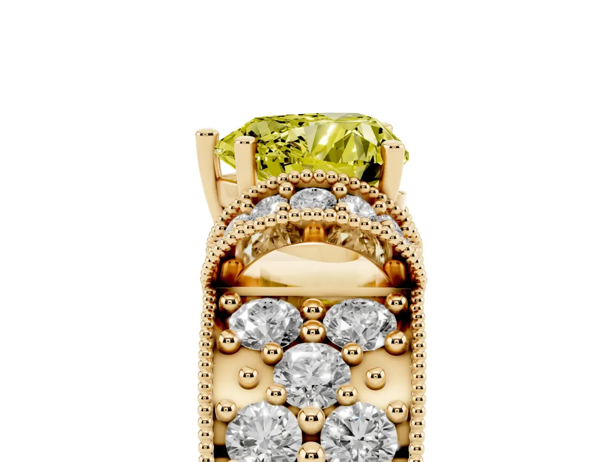 Fancy Yellow Heart Cut Halo Pave Diamond Engagement Ring with Milgrain Detailing Yellow gold