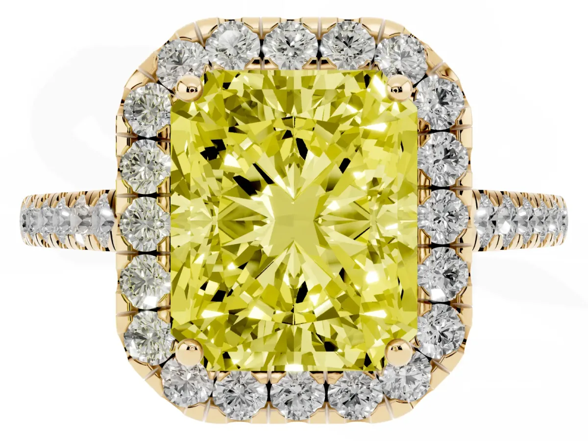 Fancy Yellow Radiant Cut Halo Pave Diamond Engagement Ring with Four-Prong Setting Yellow gold