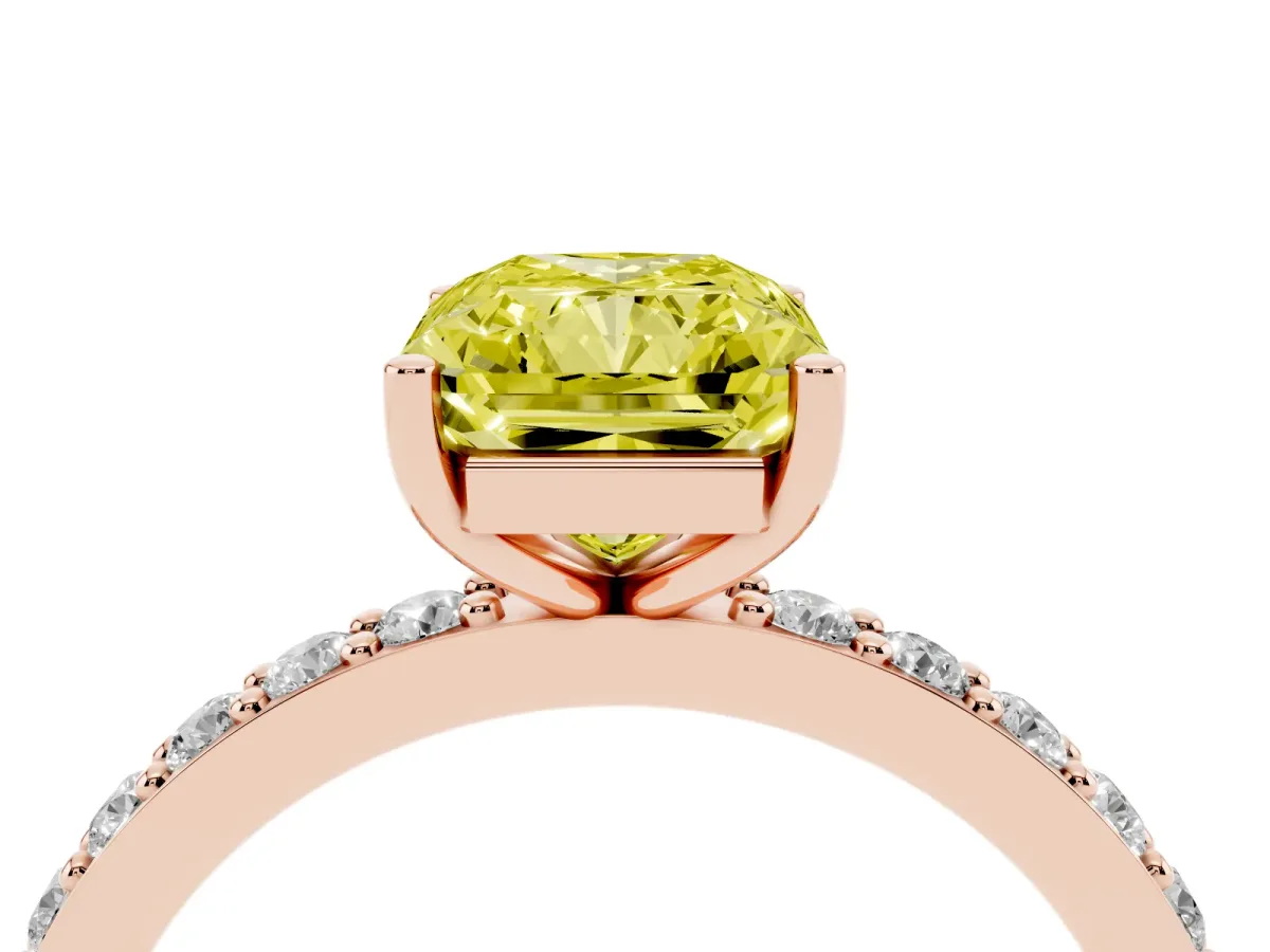 Fancy Yellow Radiant Cut Cut Diamond Solitaire with Pave Band and Four-Prong Setting Rose gold