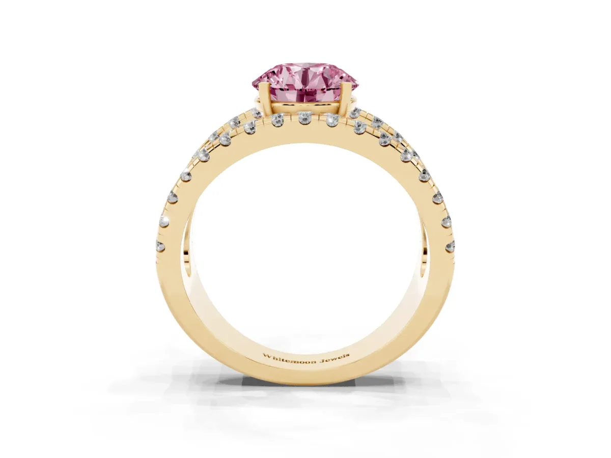 Fancy Pink Round Cut Solitaire Split Shank Pave Diamond Ring Yellow gold