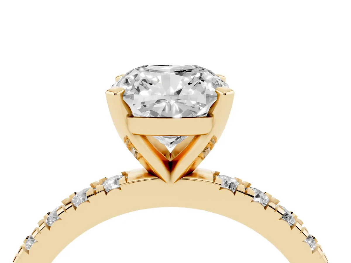 Cushion Cut Diamond Pavé Band Solitaire with Four-Prong Setting Yellow gold