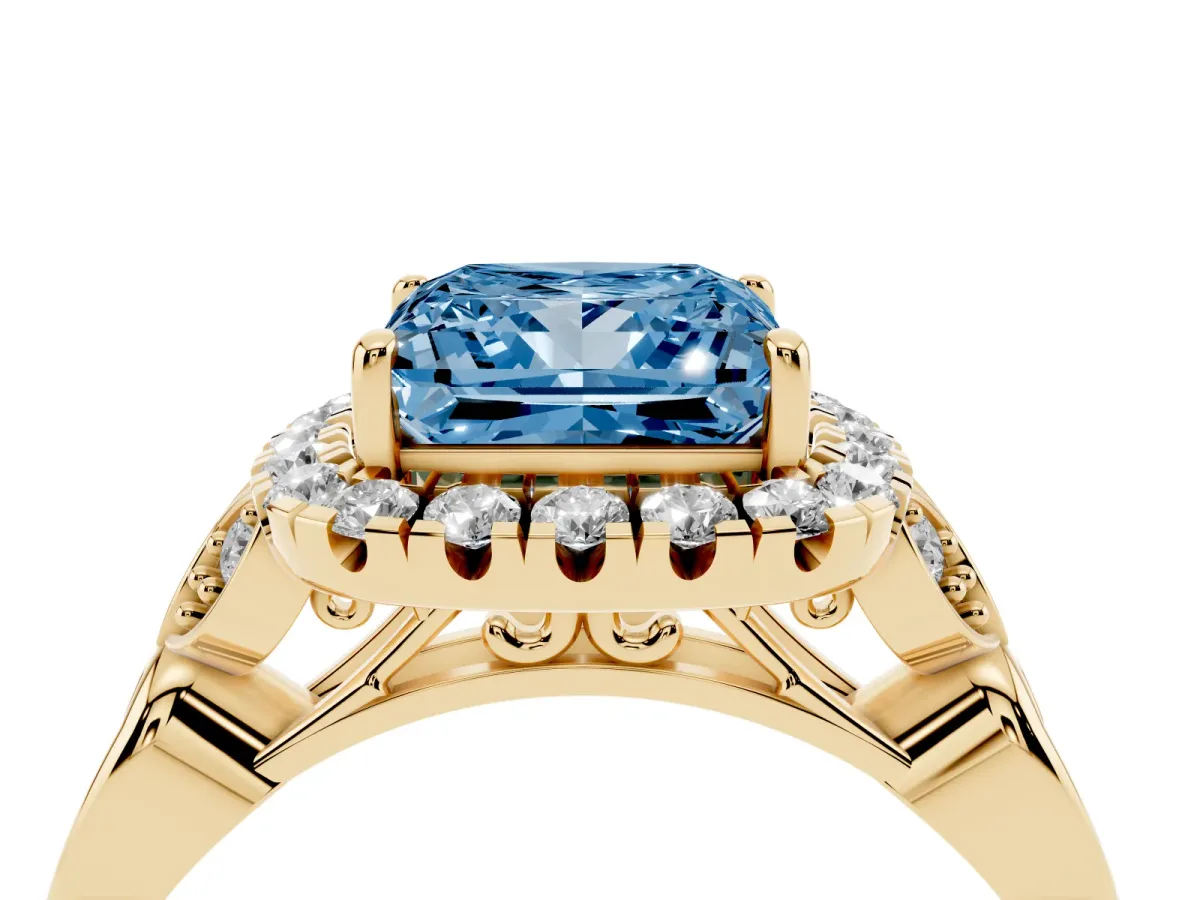 Fancy Blue Princess Cut Halo Diamond Engagement Ring with Vintage-Inspired Band and Four-Prong Setting Yellow gold