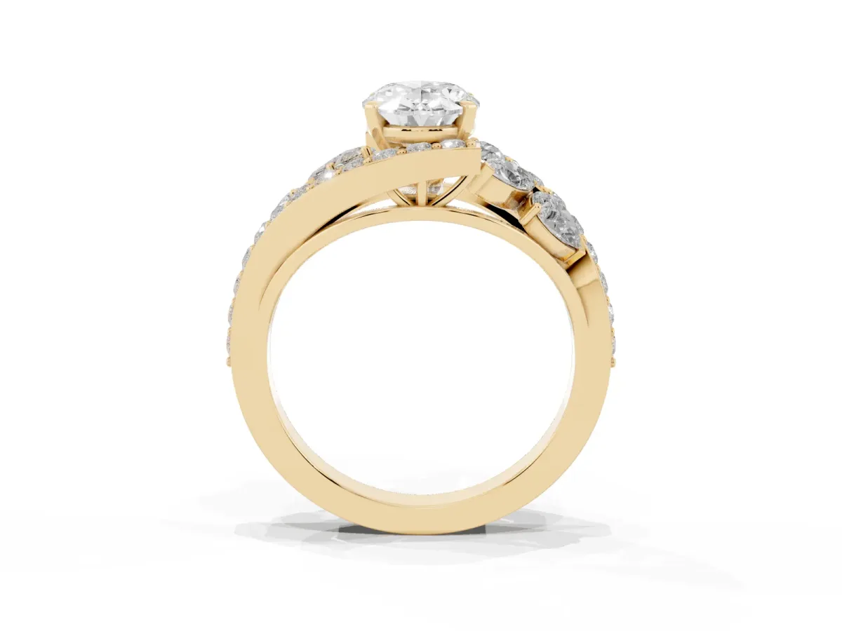 Oval Cut Diamond Halo Ring with Marquise and Pavé Band in Prong Setting Yellow gold