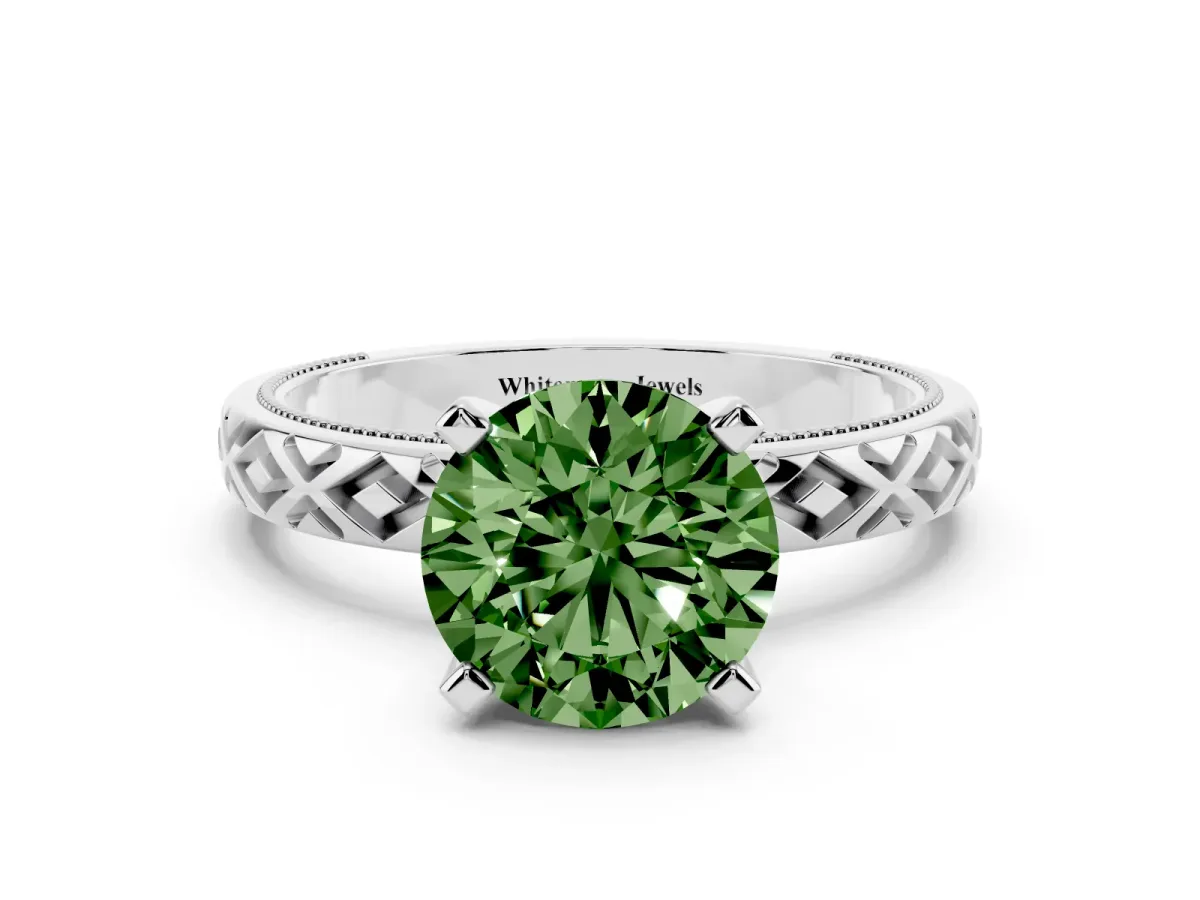 Fancy Green Round Cut Solitaire Diamond Ring with Milgrain and Black Enamel X Pattern Band Silver