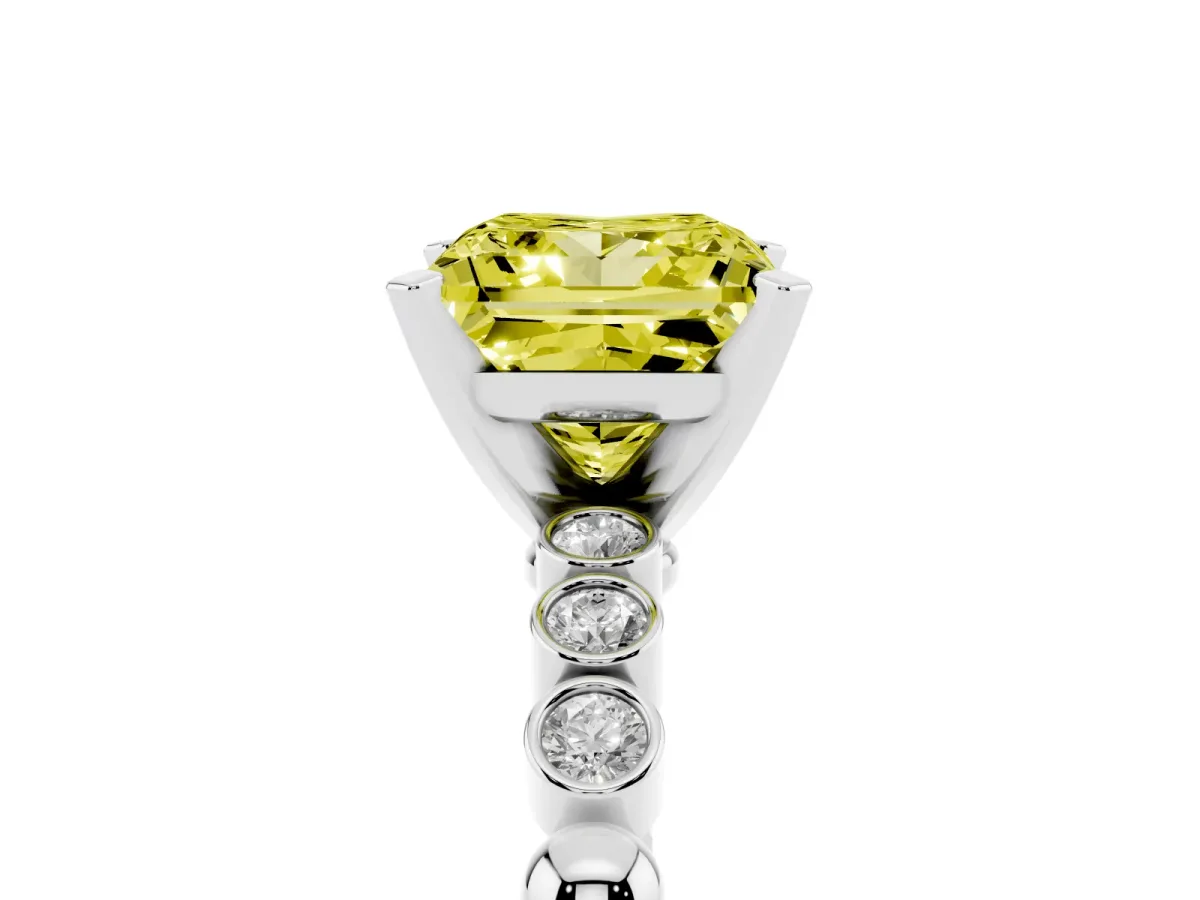 Fancy Yellow Princess Cut Solitaire Bezel Accent Diamond Engagement Ring with Beaded Band and Four-Prong Setting Silver