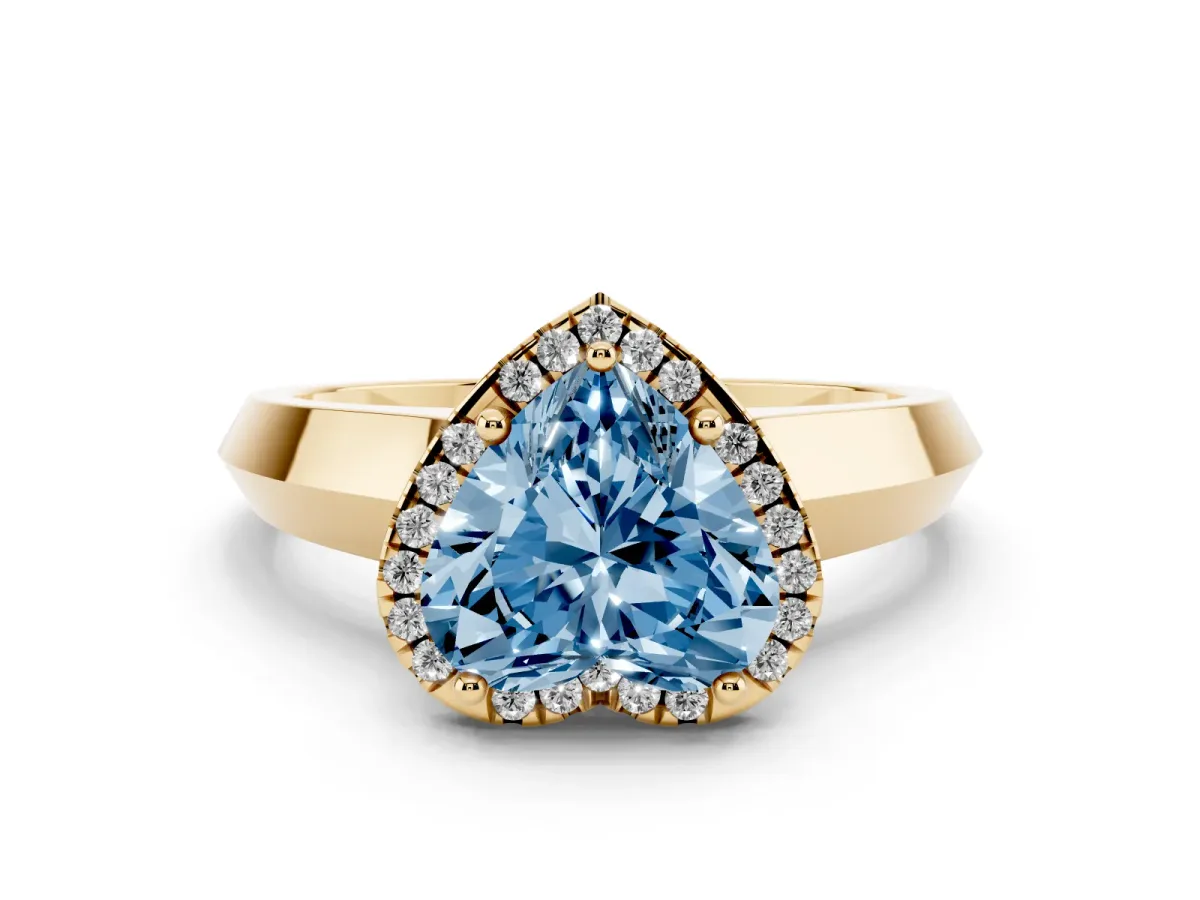 Fancy Blue Heart Cut Halo Diamond Ring with Cathedral Band and Four-Prong Setting Yellow gold