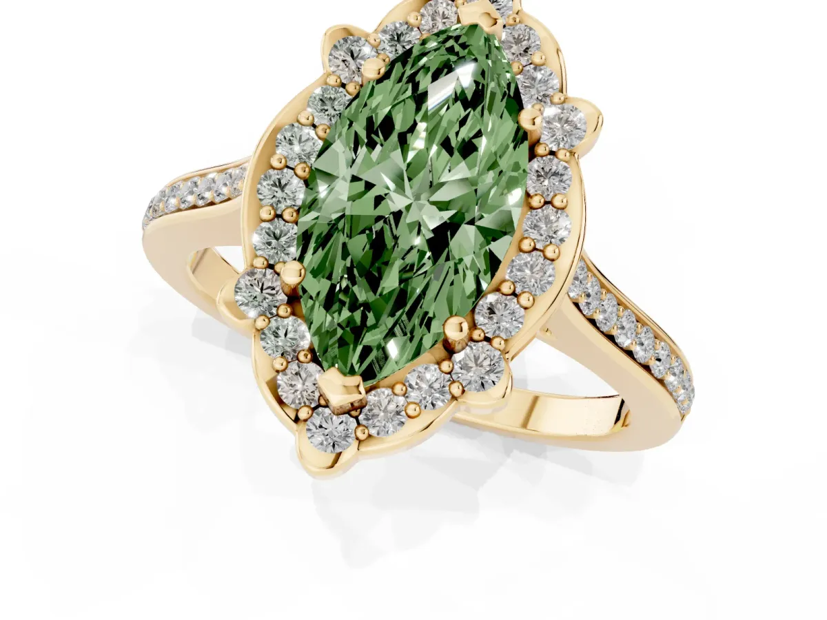 Fancy Green Marquise Cut Halo Round Diamond Pave Band with Four-Prong Setting Yellow gold