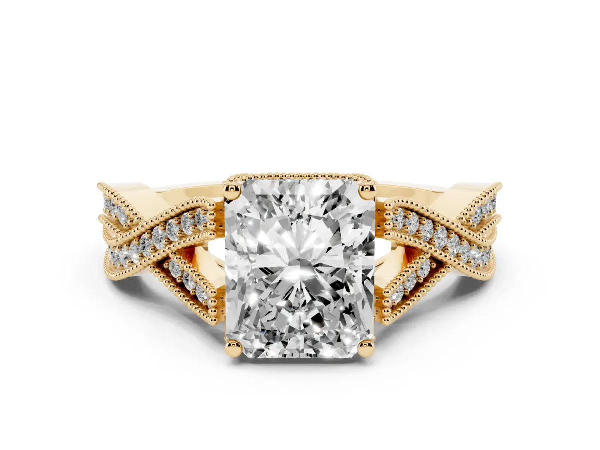Radiant Cut Cut Diamond Twisted Band with Milgrain Pave Setting and Four-Prong Setting Yellow gold