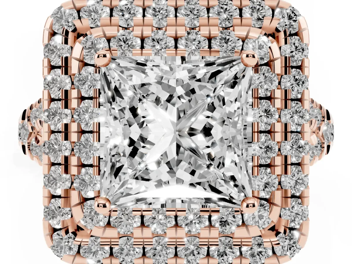Double Halo Princess Cut Diamond Pavé Split Shank Ring with Prong Setting Rose gold