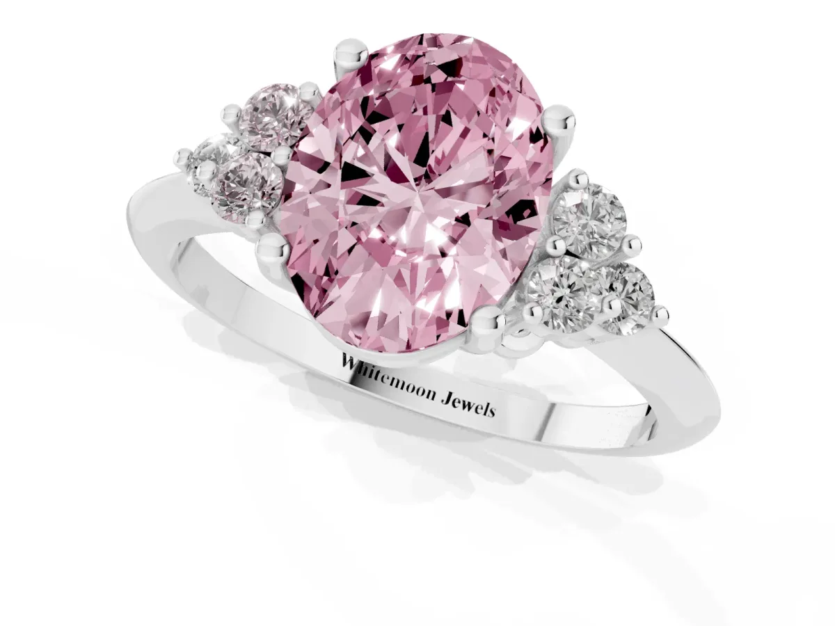 Fancy Pink Oval Cut Cut Diamond Cluster Ring with Solitaire Band and Four-Prong Setting Silver