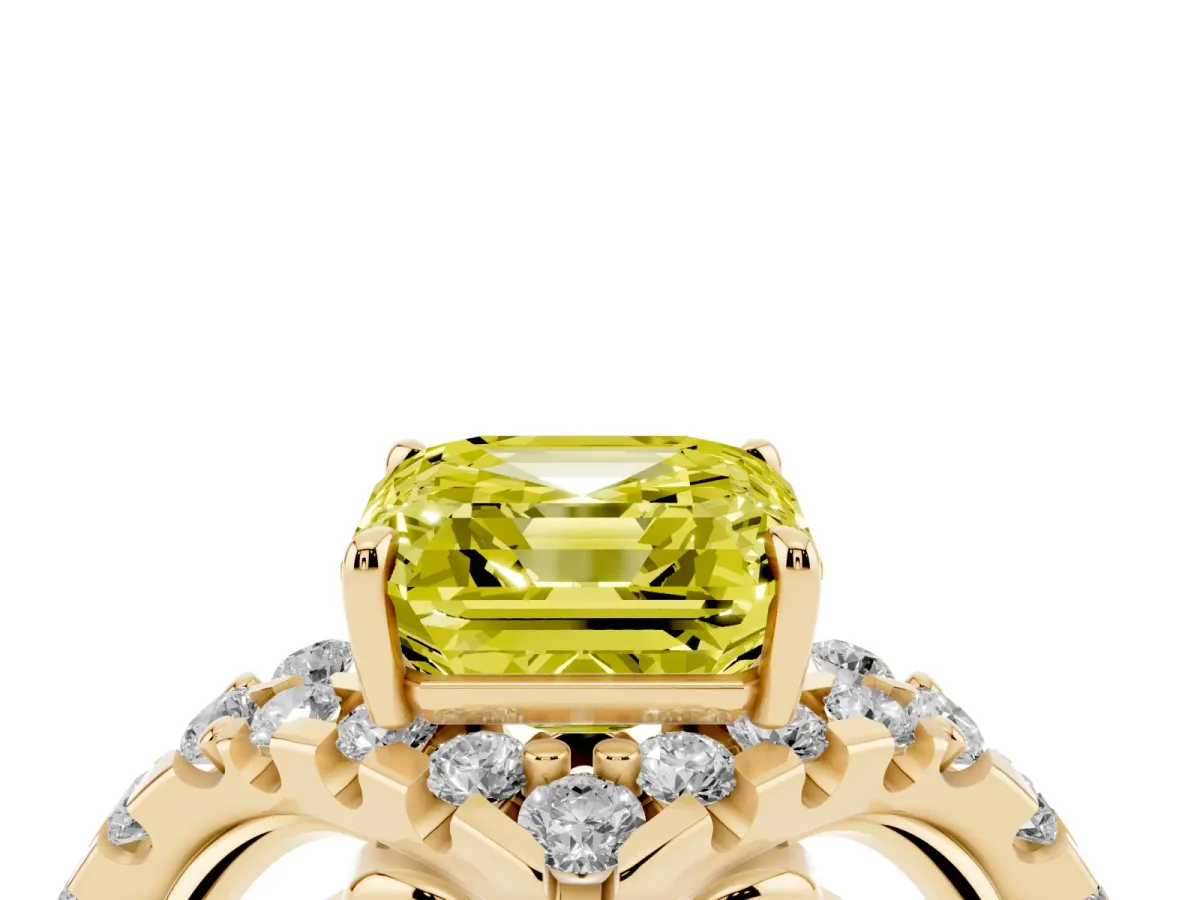 Fancy Yellow Asscher Cut Diamond Solitaire Ring with Hidden Halo and Pavé Band Yellow gold