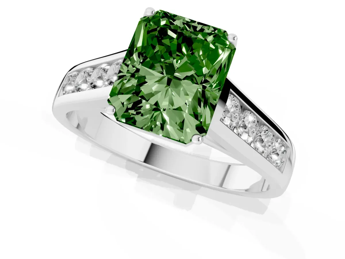 Fancy Green Radiant Cut Brilliant Channel-Set Solitaire Ring with Four-Prong Setting Silver
