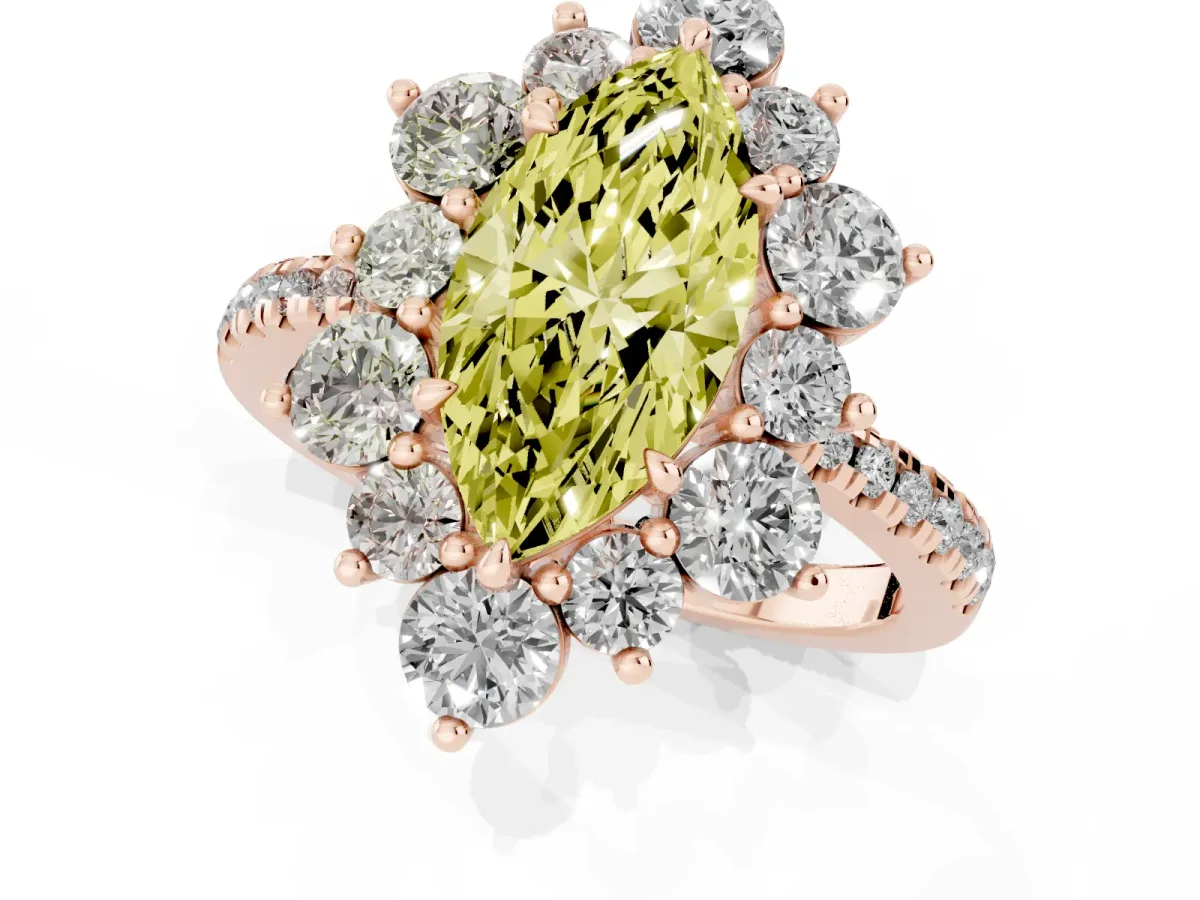Fancy Yellow Marquise Cut Diamond Floral Halo Ring with Round Pavé Band and Prong Setting Rose gold