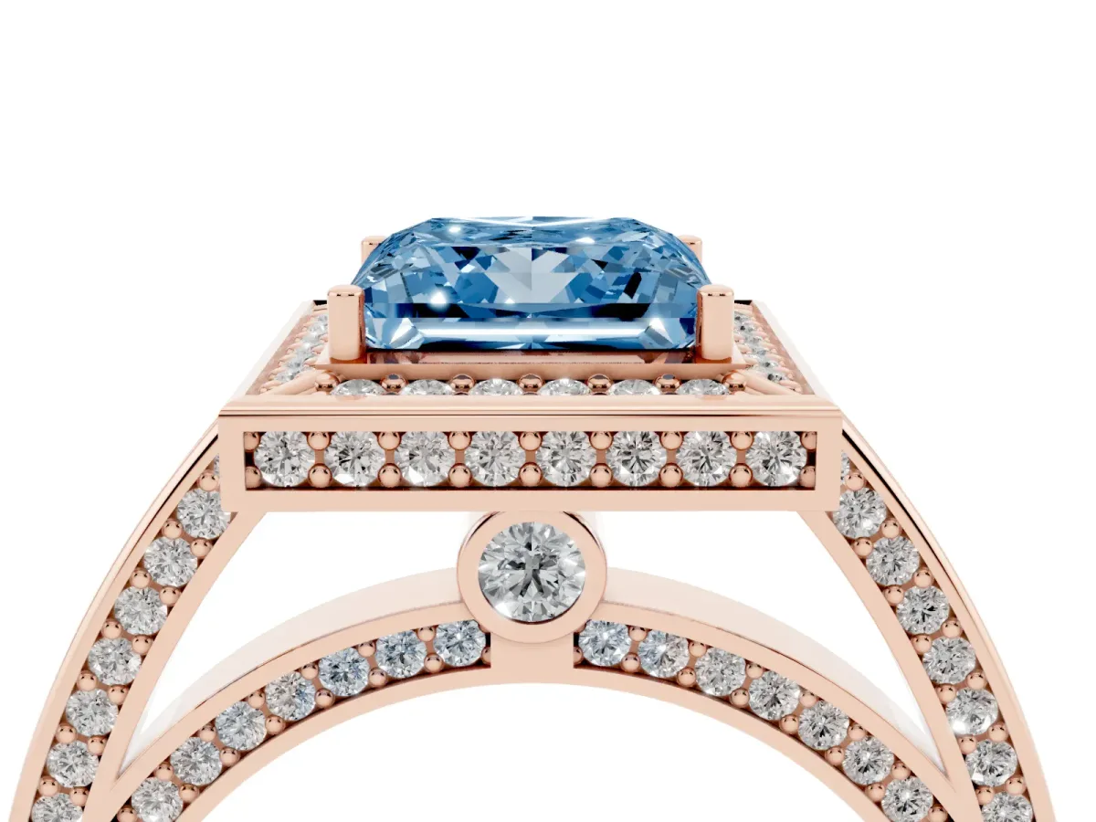 Fancy Blue Princess Cut Cut Halo Pave Split Shank Prong Setting Ring Rose gold