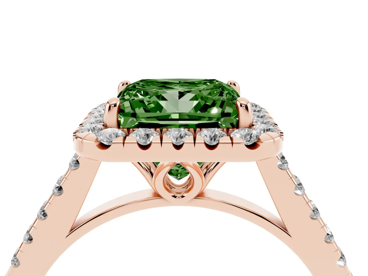 Fancy Green Princess Cut Halo Pavé Diamond Engagement Ring with Four-Prong Setting Rose gold