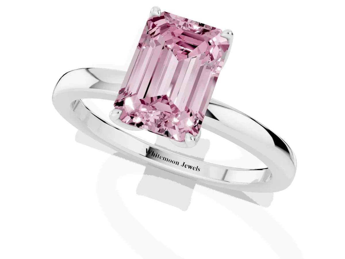 Fancy Pink Emerald Cut Diamond Solitaire Ring with Thin Band and Prong Setting Platinum