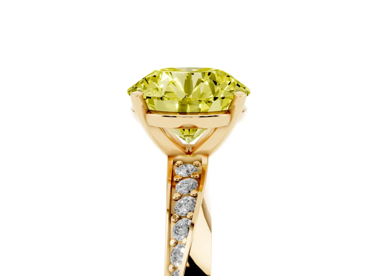 Fancy Yellow Round Cut Diamond Engagement Ring with Side Stone Accents and Four-Prong Setting Yellow gold