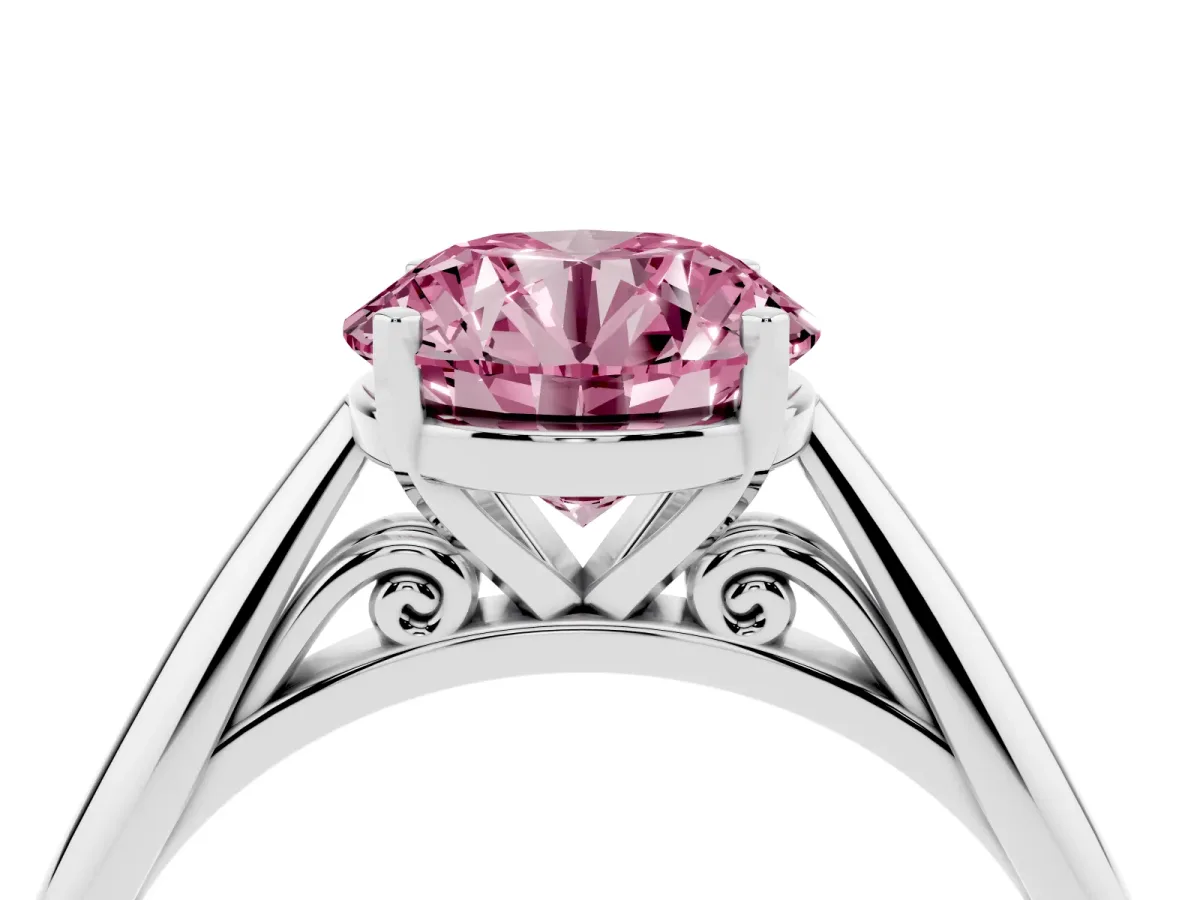 Fancy Pink Round Cut Diamond Solitaire Engagement Ring with Cathedral Setting and Four-Prong Mount Silver