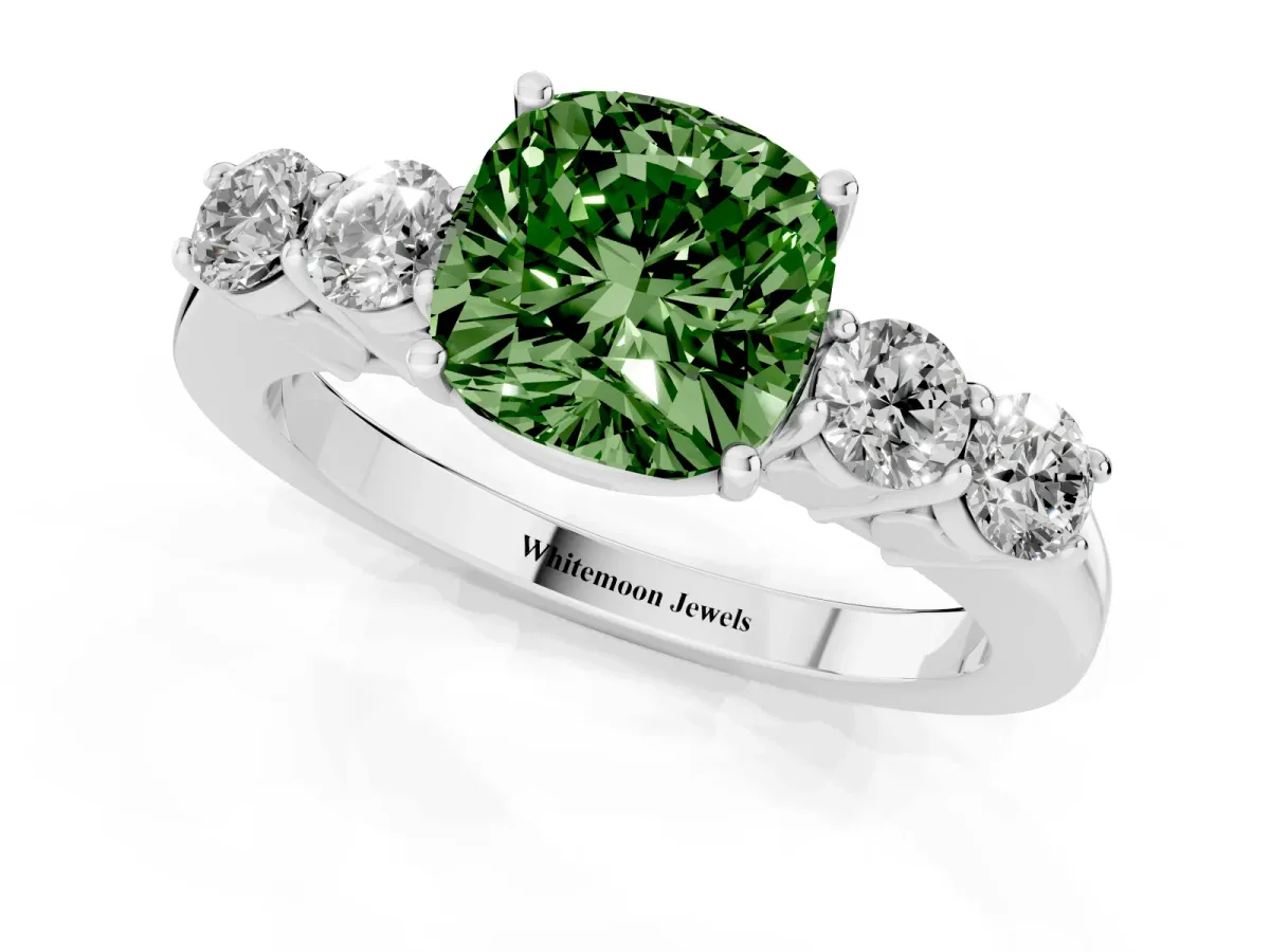 Fancy Green Cushion Cut Cut Diamond Five-Stone Prong Set White Gold Ring Silver