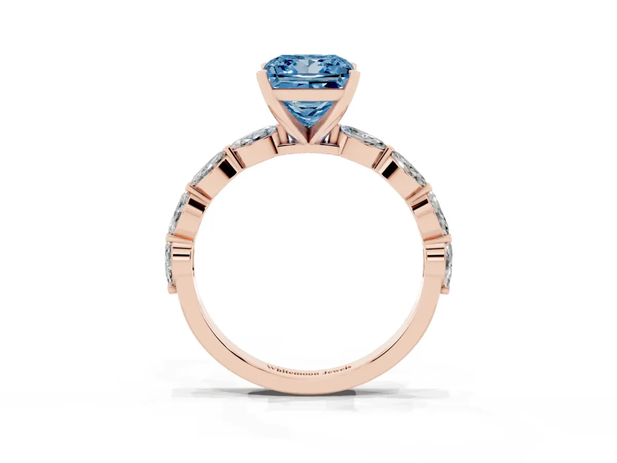 Fancy Blue Princess Cut Diamond Ring with Marquise Side Stones and Prong Setting Rose gold