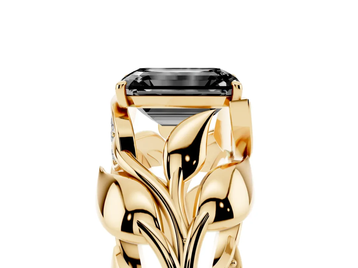 Fancy Black Emerald Cut Diamond Leaf-Inspired Engagement Ring with Round Accents and Prong Setting Yellow gold