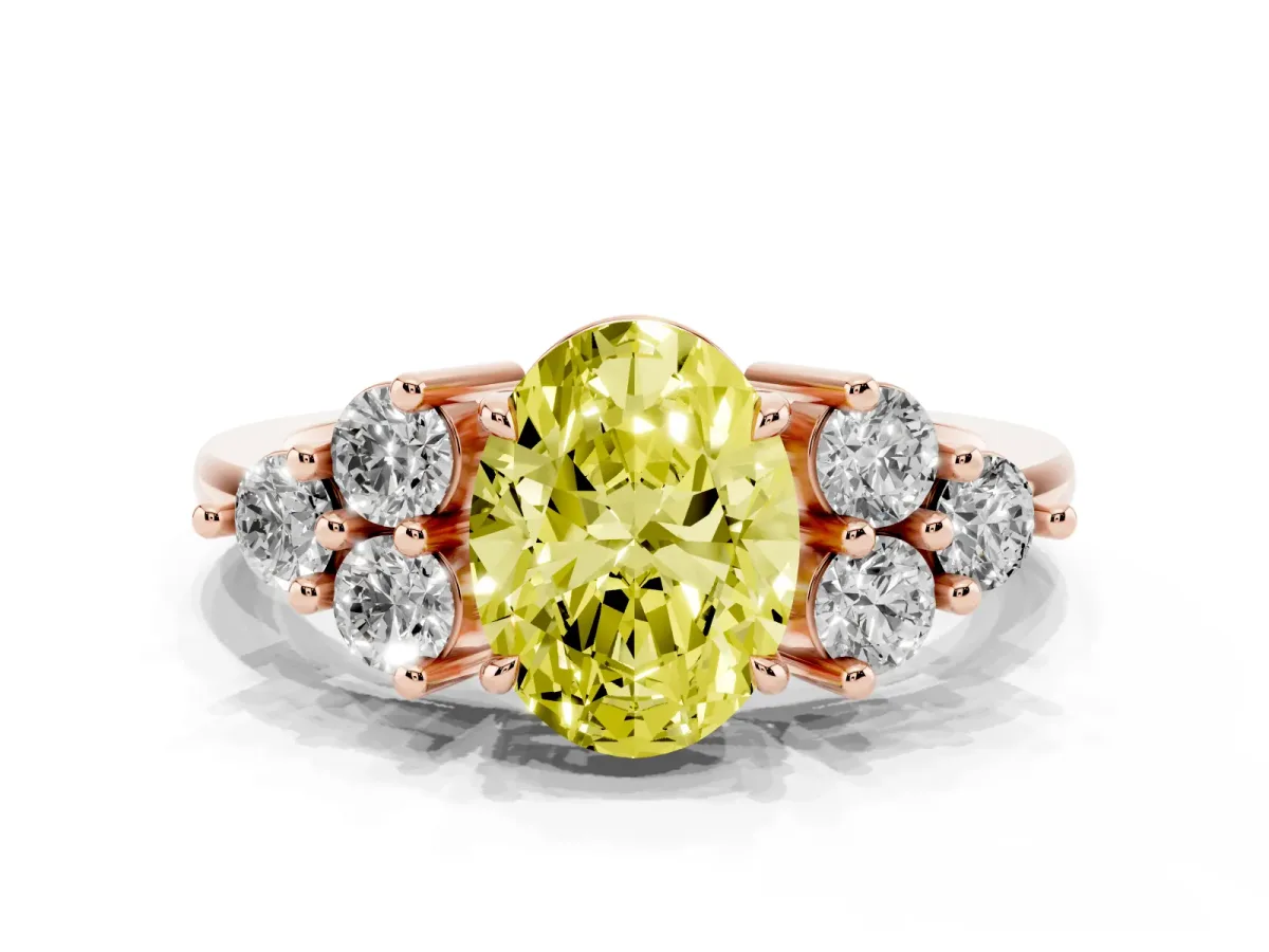 Fancy Yellow Oval Cut Brilliant Diamond Cluster Accent Solitaire Ring with Prong Setting Rose gold