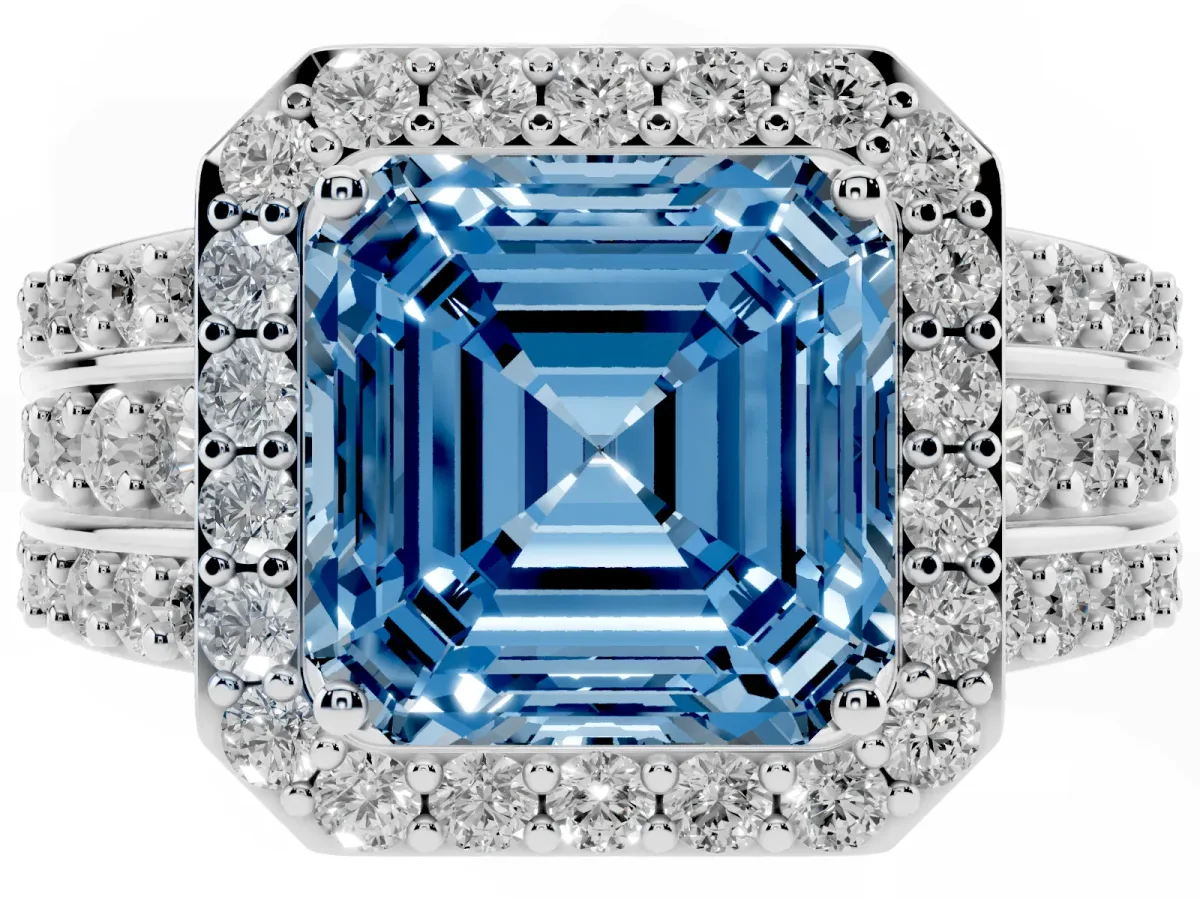 Fancy Blue Asscher Cut Halo Diamond Ring with Round Split Shank and Prong Setting Silver
