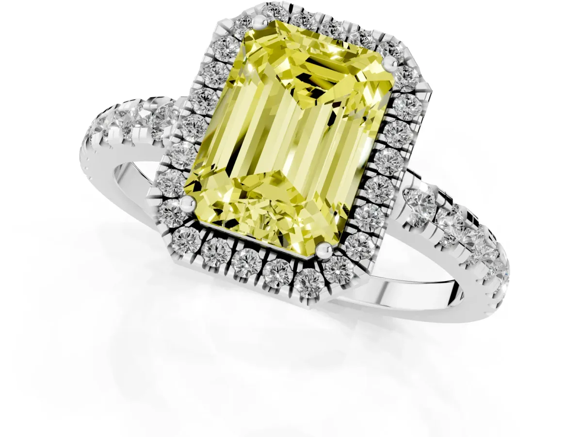 Fancy Yellow Emerald Cut Diamond Halo Ring with Pavé Band and Four-Prong Setting Platinum