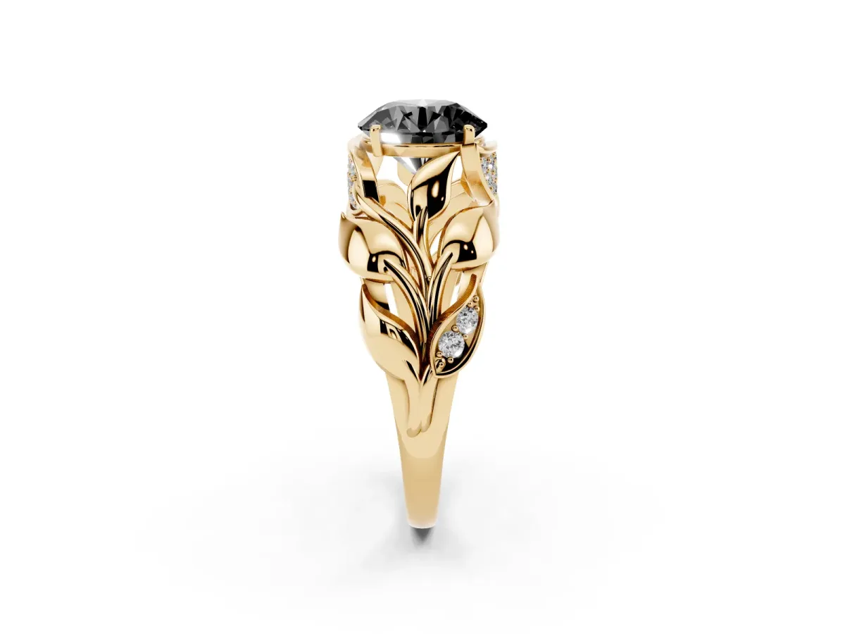 Fancy Black Round Cut Diamond Leaf-Inspired Engagement Ring with Round Accents and Prong Setting Yellow gold