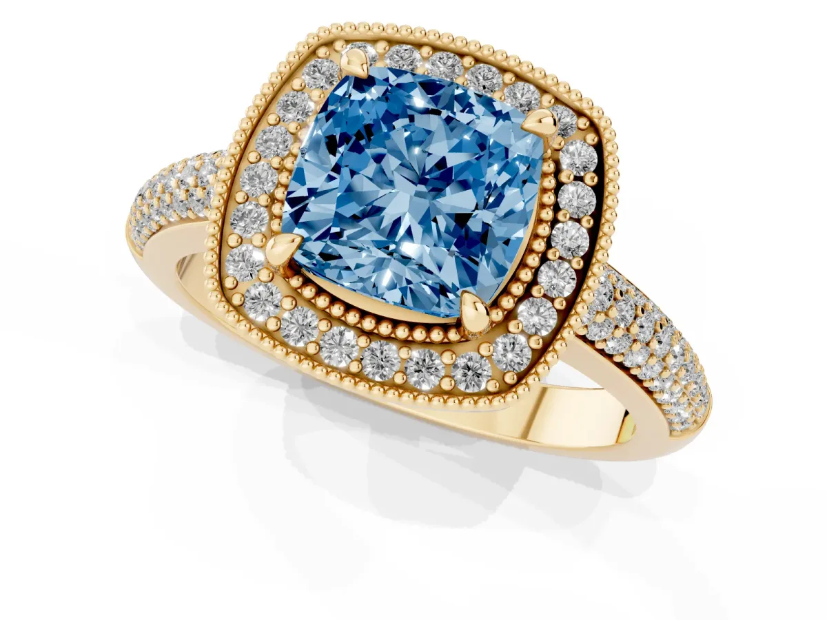 Fancy Blue Cushion Cut Cut Halo Diamond Pave Band with Four-Prong Setting Yellow gold