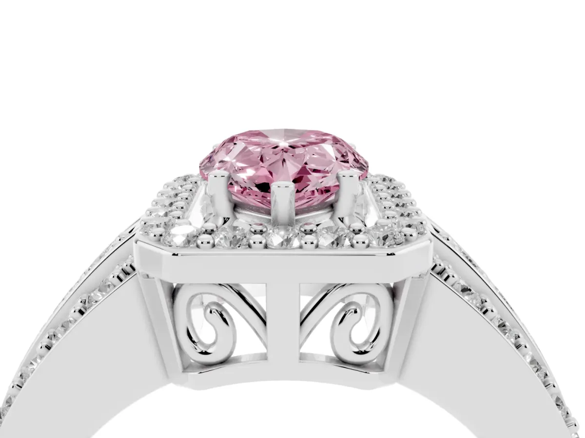 Fancy Pink Pear Cut Halo Diamond Ring with Round Split Shank and Prong Setting Platinum