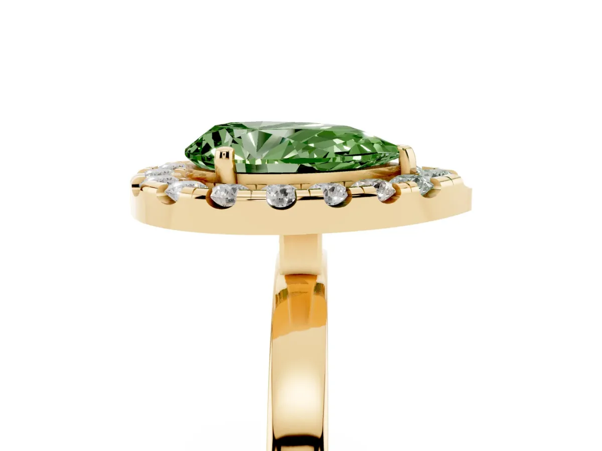 Fancy Green Pear Cut Halo Diamond Solitaire with Pavé Band and Four-Prong Setting Yellow gold