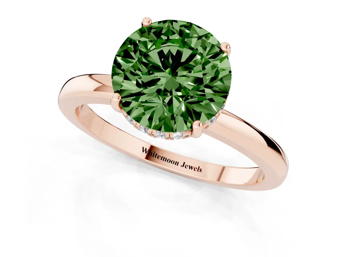 Fancy Green Round Cut Solitaire Diamond Ring with Prong Setting and Plain Band Rose gold