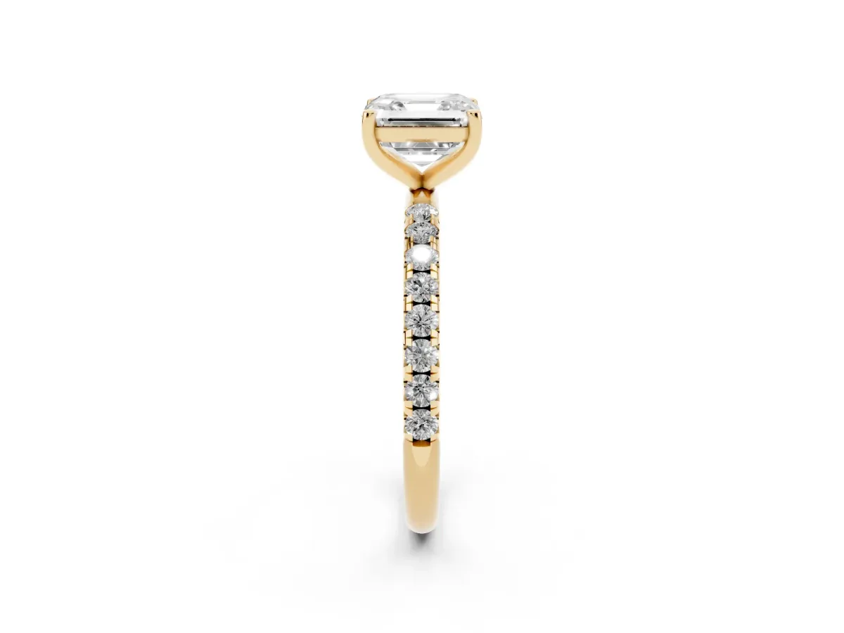 Asscher Cut Cut Diamond Solitaire Ring with Micro Pave Band and Four Prong Setting Yellow gold